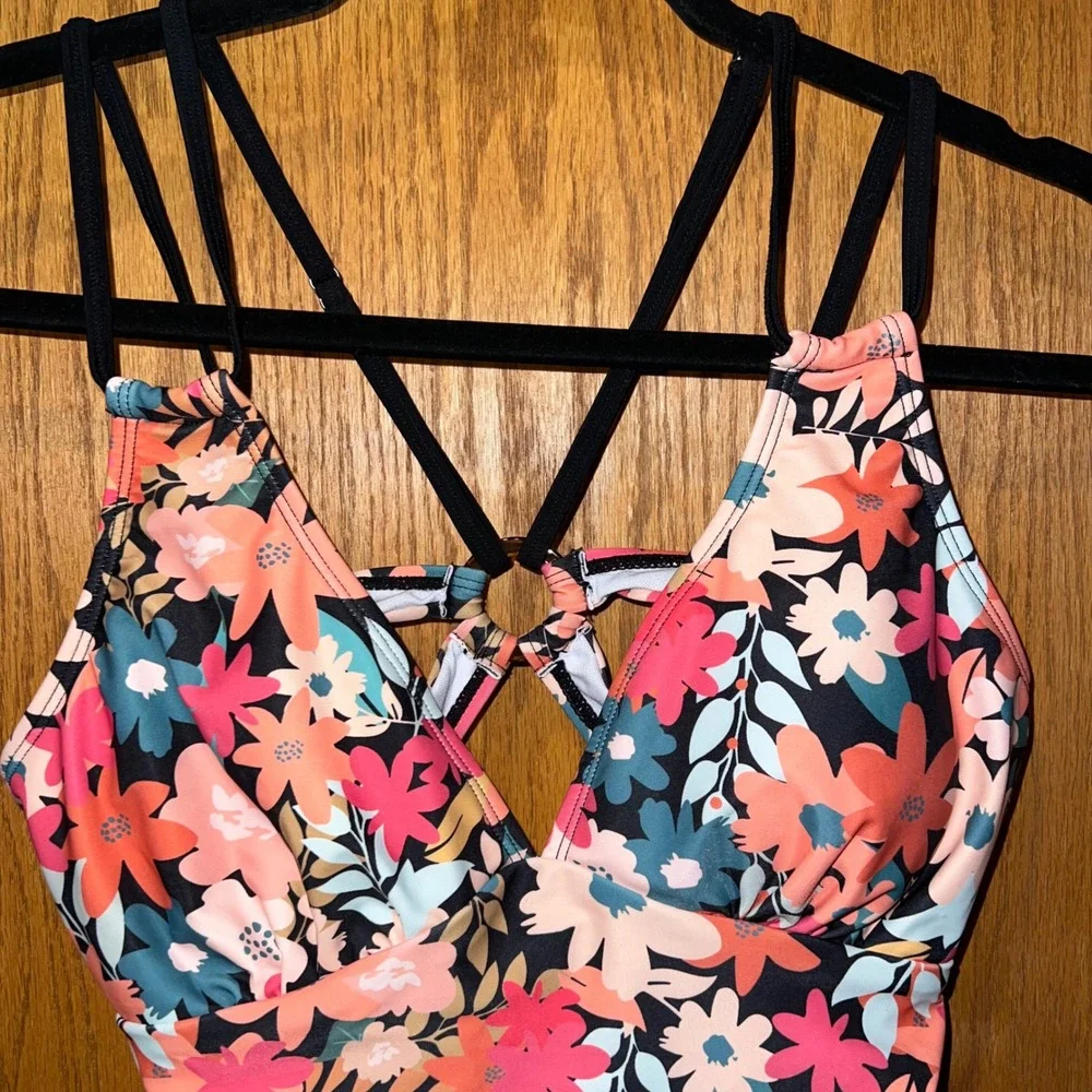 Ai Mage Floral One Piece Swimsuit Women's Size S Backless Criss Cross Straps NWT